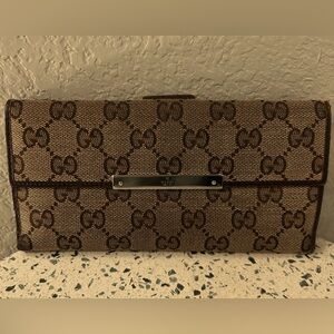 Vintage Gucci GG Monogram Canvas Long Leather Wallet Snap Bifold Brown Silver